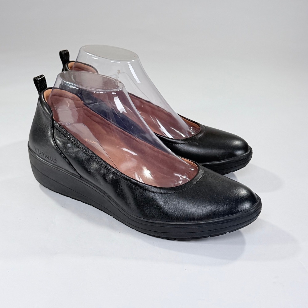 Vionic Jacey Shoes Womens 8.5 Black Leather Wedge Slip On Orthopedic Comfort